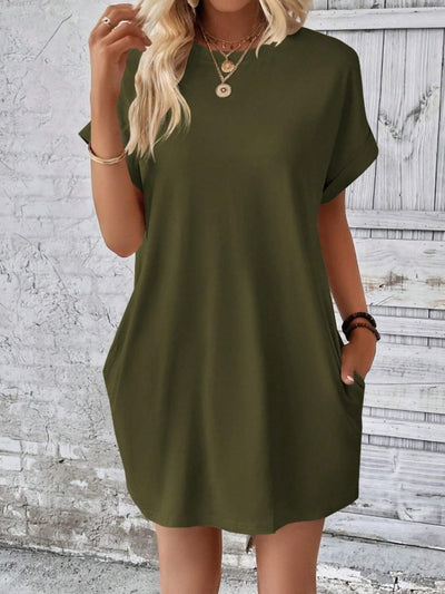 Explore More Collection - Pocketed Round Neck Short Sleeve Dress