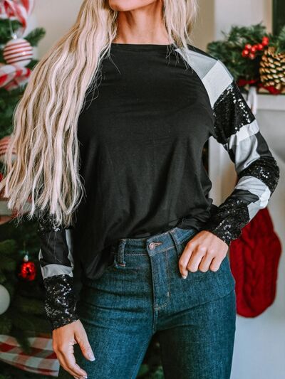 Explore More Collection - Plaid Sequin Long Sleeve Round Neck T-Shirt