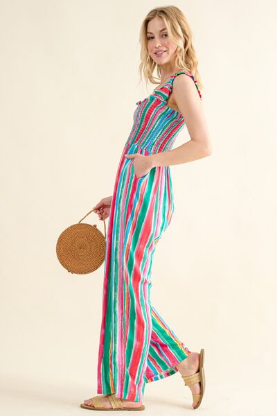 Explore More Collection - And The Why Full Size Striped Smocked Sleeveless Jumpsuit