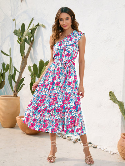 Explore More Collection - Ruffled Printed One Shoulder Midi Dress