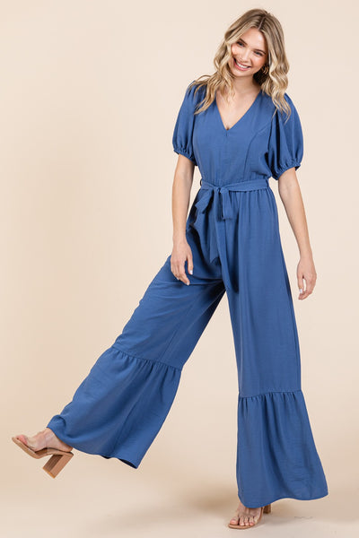 Explore More Collection - GeeGee Full Size V-Neck Belted Wide Leg Jumpsuit