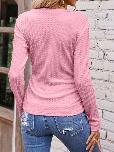 Explore More Collection - Textured Ruched V-Neck Long Sleeve T-Shirt