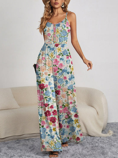 Explore More Collection - Decorative Button Spaghetti Strap Wide Leg Jumpsuit