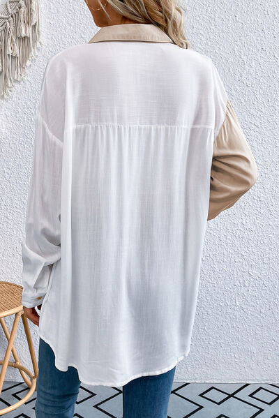 Explore More Collection - Pocketed Contrast Button Up Long Sleeve Shirt