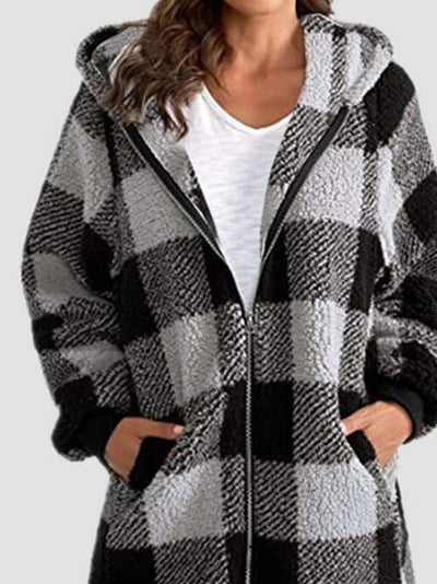 Explore More Collection - Plaid Zip Up Hooded Jacket with Pockets