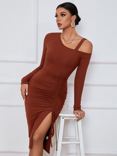 Explore More Collection - Ribbed Ruched Drawstring Wrap Dress