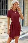 Explore More Collection - Ruched Tied Round Neck Mini Dress