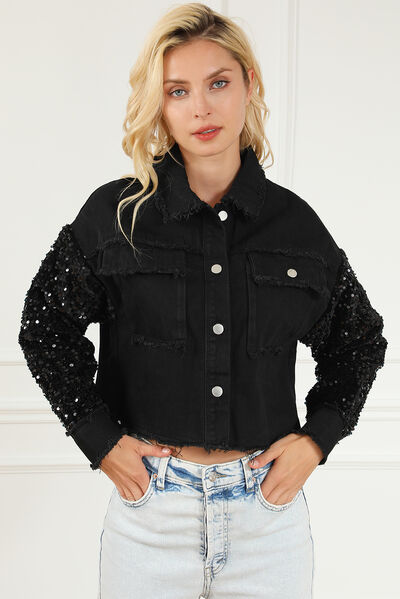 Explore More Collection - Sequin Button Up Raw Hem Denim Jacket