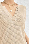 Explore More Collection - Openwork Half Button Dropped Shoulder Knit Top