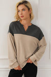 Explore More Collection - Color Block Notched Long Sleeve Sweatshirt