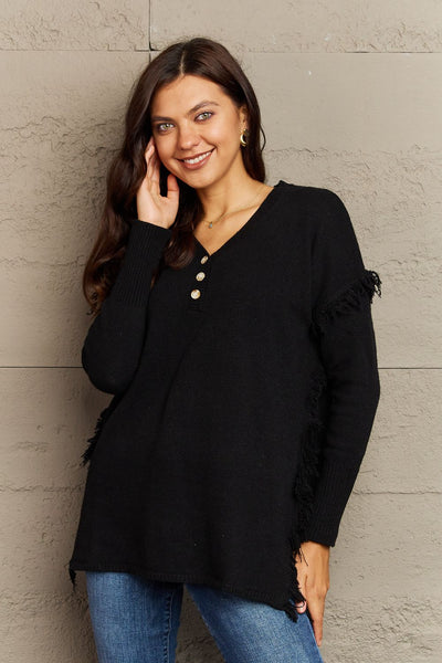 Explore More Collection - Full Size Buttoned Dropped Shoulder Raw Hem Pullover Sweater