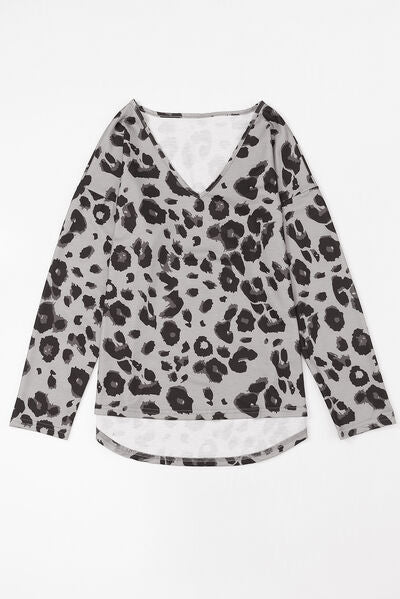 Explore More Collection - Leopard V-Neck Dropped Shoulder Blouse