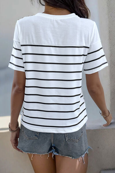 Explore More Collection - Decorative Button Striped Short Sleeve T-Shirt