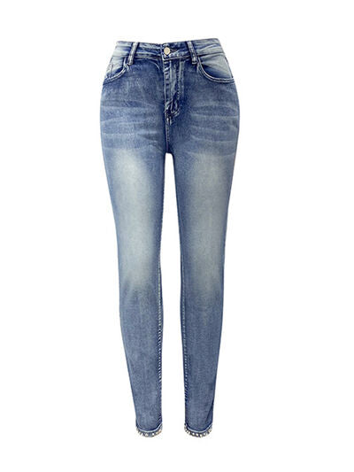 Explore More Collection - Rhinestone Detail Buttoned Jeans with Pockets