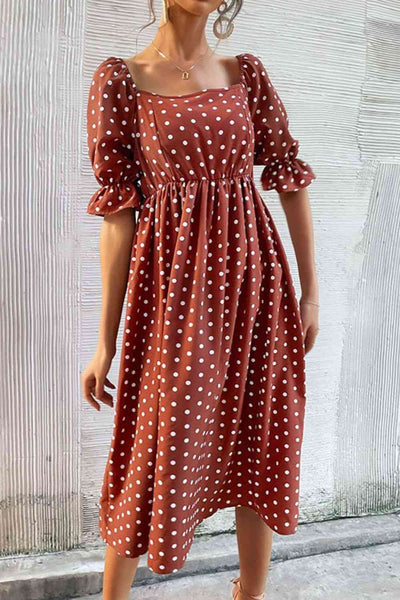 Explore More Collection - Polka Dot Square Neck Flounce Sleeve Dress