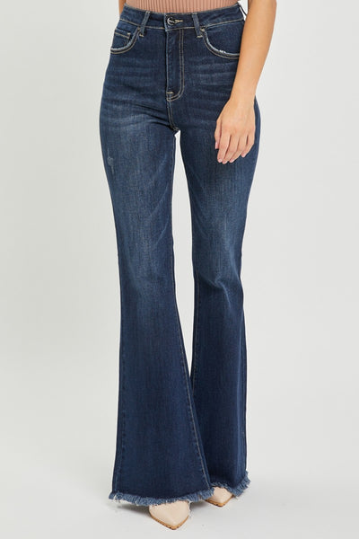 Explore More Collection - RISEN High Waist Raw Hem Flare Jeans