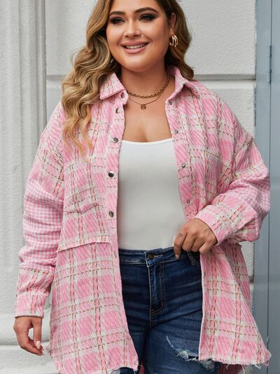 Explore More Collection - Plus Size Plaid Pocketed Snap Down Jacket