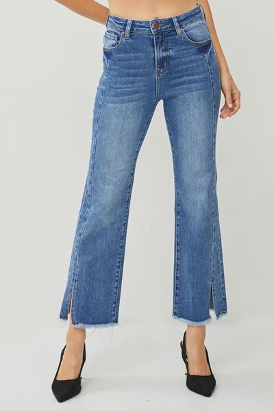 Explore More Collection - RISEN High Waist Raw Hem Slit Straight Jeans