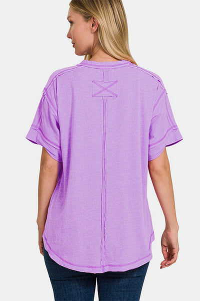 Explore More  Collection - Zenana Exposed Seam Half Button Short Sleeve Top