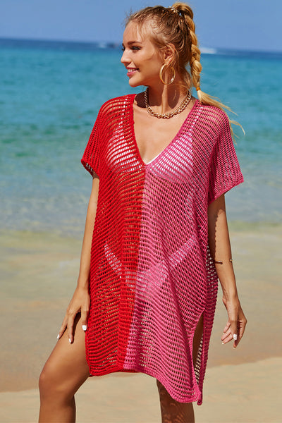 Explore More Collection - Double Take Openwork Contrast Slit Knit Cover Up