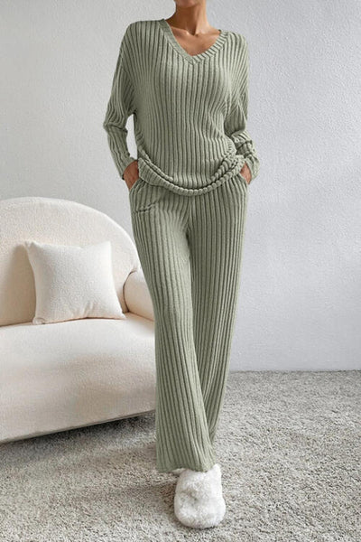 Explore More Collection - Ribbed V-Neck Top and Pants Set