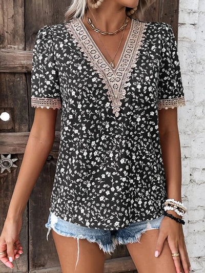 Explore More Collection - Full Size Printed V-Neck Short Sleeve Blouse