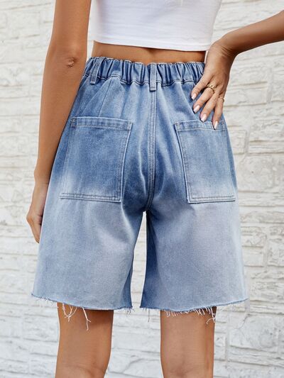 Explore More Collection - Buttoned Raw Hem Denim Shorts with Pockets