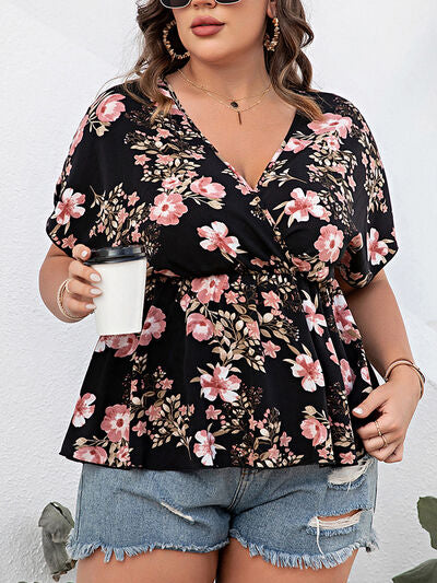 Explore More Collection - Plus Size Floral Surplice Short Sleeve Blouse