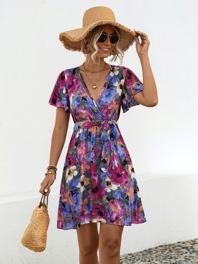 Explore More Collection - Printed Surplice Tie Waist Mini Dress