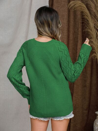 Explore More Collection - Openwork Round Neck Raglan Sleeve Sweater