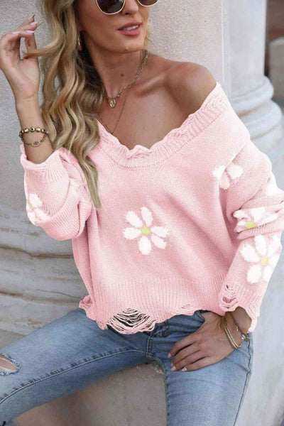 Explore More Collection - Flower Distressed Ribbed Trim Sweater