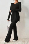 Explore More Collection - Ribbed Long Sleeve Slit Top and Bootcut Pants Set