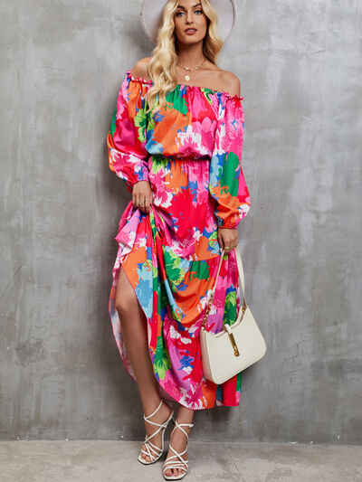 Explore More Collection - Printed Off-Shoulder Balloon Sleeve Tiered Dress