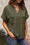 Explore More Collection - Pocketed Notched Short Sleeve Blouse