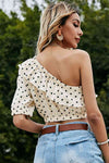 Explore More Collection - Polka Dot One-Shoulder Ruffled Crop Top