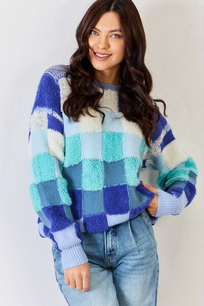 Explore More Collection - J.NNA Checkered Round Neck Long Sleeve Sweater