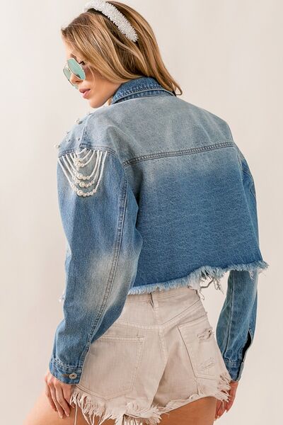 Explore More Collection - BiBi Pearl Detail Distressed Cropped Denim Jacket
