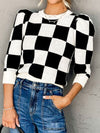 Explore More Collection - Plaid Round Neck Three-Quarter Sleeve Sweater