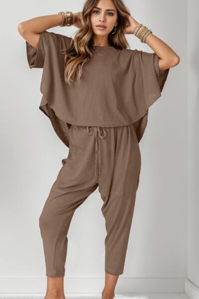 Explore More Collection - Round Neck Dropped Shoulder Top and Pants Set