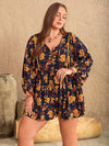 Explore More Collection - Plus Size Floral Tie Neck Balloon Sleeve Romper