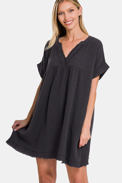 Explore More Collection - Zenana Full Size Raw Hem Notched Short Sleeve Mini Dress
