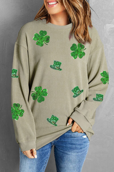 Explore More Collection - Lucky Clover Sequin Round Neck Sweatshirt