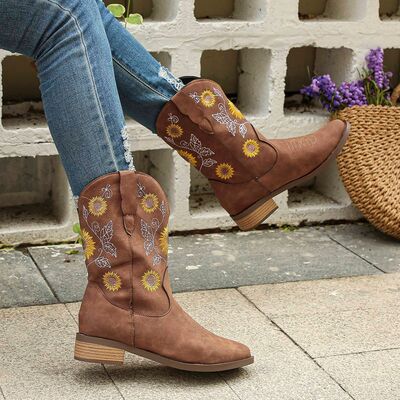 Explore More Collection - Sunflower Embroidered Block Heel Boots