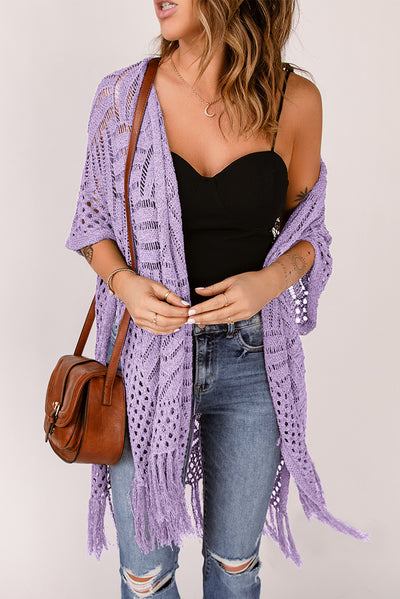 Explore More Collection - Openwork Open Front Cardigan with Fringes