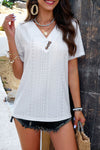 Explore More Collection - Eyelet Decorative Button V-Neck T-Shirt