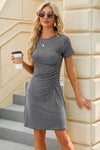 Explore More Collection - Ruched Round Neck Short Sleeve Mini Dress