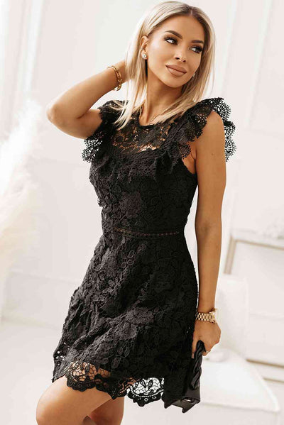 Explore More Collection - Round Neck Cap Sleeve Lace Mini Dress