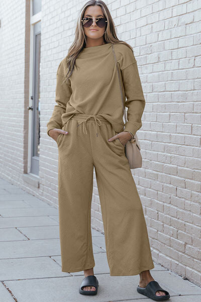 Explore More Collection - Double Take Full Size Textured Long Sleeve Top and Drawstring Pants Set