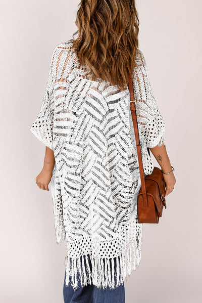 Explore More Collection - Openwork Open Front Cardigan with Fringes