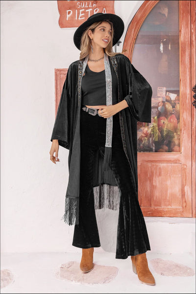 Explore More Collection - Open Front Fringe Detail Long Sleeve Cardigan